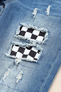 Karierte Patchwork-Jeans mit mittlerer Taille in Distressed-Optik