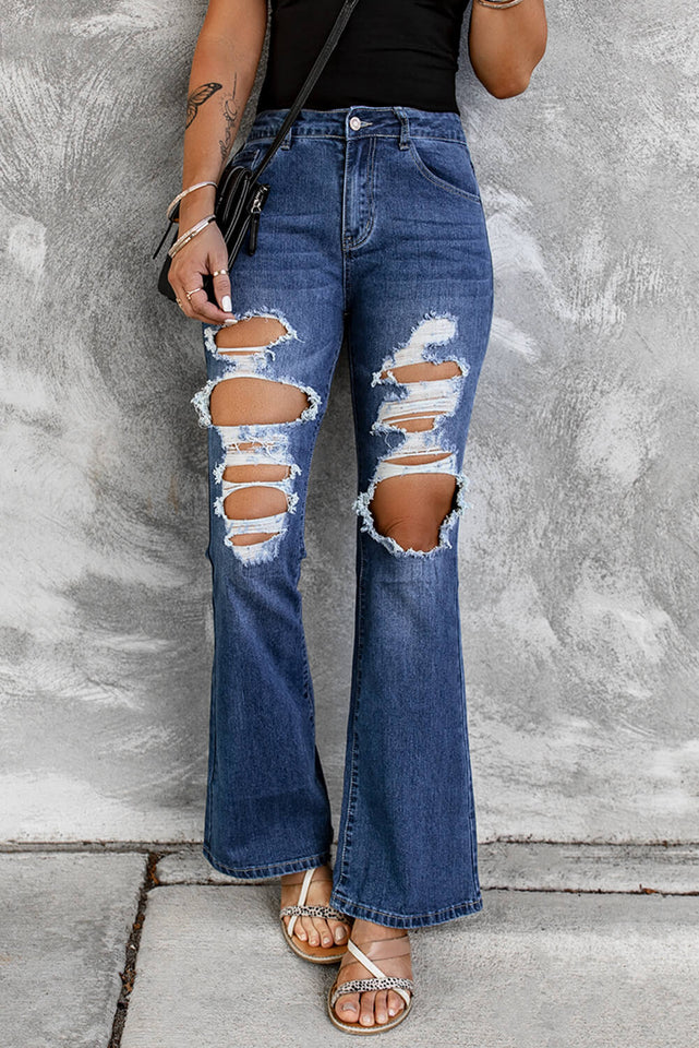 Flare-Jeans mit hoher Taille in Distressed-Optik