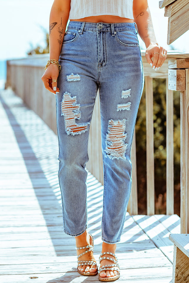 Distressed knöchellange Jeans mit geradem Bein