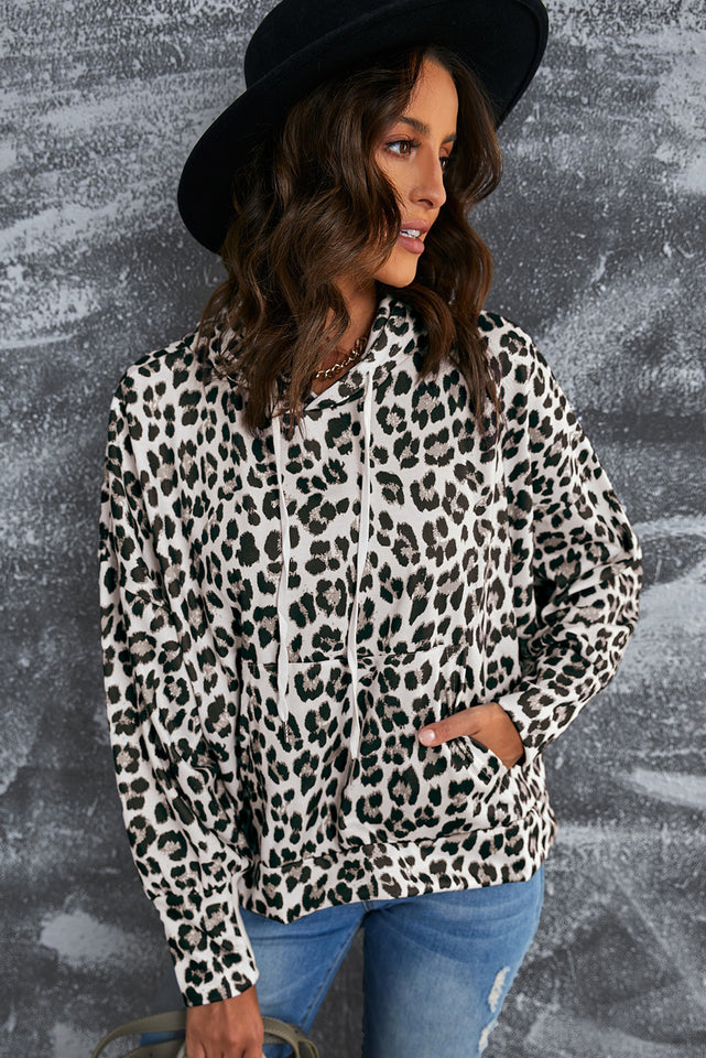 Leopard Print Drawstring Hoodie with Kangaroo Pocket