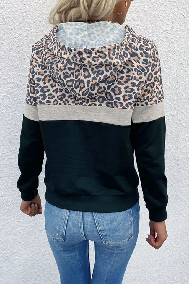 Leoparden-Farbblock-Langarm-Hoodie mit Kordelzug