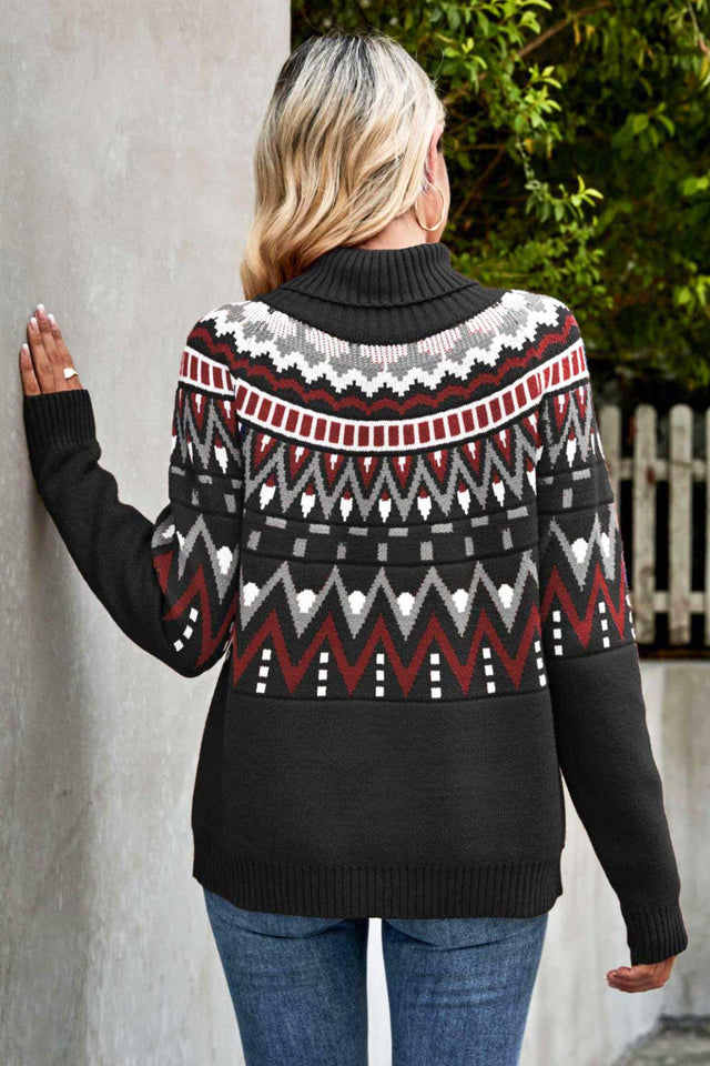 Chevron-Rollkragenpullover mit geripptem Rand