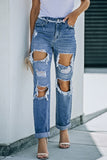 Distressed Jeans mit geradem Bein und Fransenbesatz