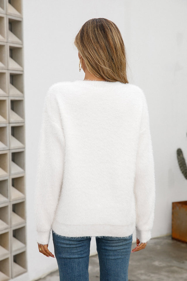 Fuzzy-Pullover mit fallender Schulter und Rundhalsausschnitt