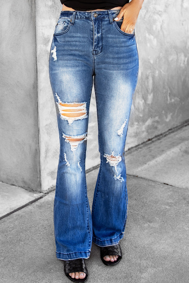 Distressed Flare Leg Jeans mit Taschen