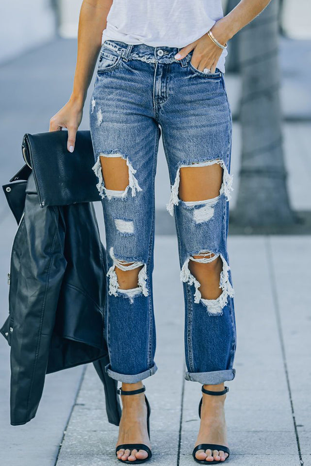 Distressed Jeans mit geradem Bein und Fransenbesatz