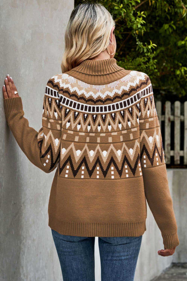 Chevron-Rollkragenpullover mit geripptem Rand