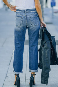 Distressed Jeans mit geradem Bein und Fransenbesatz