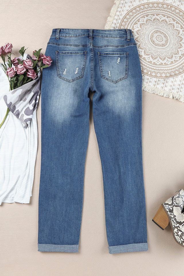 Karierte Patchwork-Jeans mit mittlerer Taille in Distressed-Optik