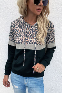 Leoparden-Farbblock-Langarm-Hoodie mit Kordelzug