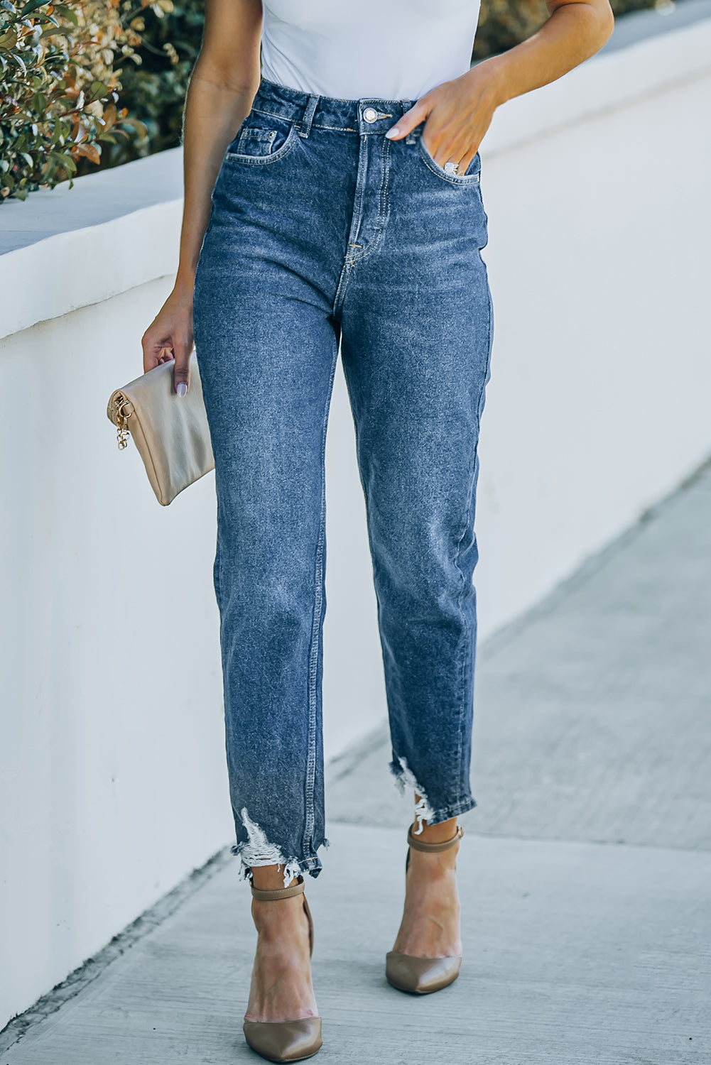 Ripped Ankle Straight Jeans mit Taschen